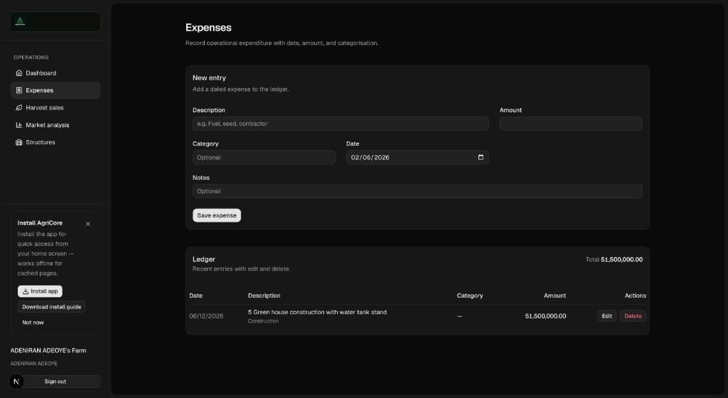AgriCore expenses ledger with new entry form